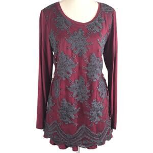 Logo Lavish Womens Small Oversized Blouse Floral Embroidered Burgundy Whimsigoth